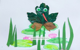 Аппликация из листьев с элементами рисунка «Лягушка на болоте»